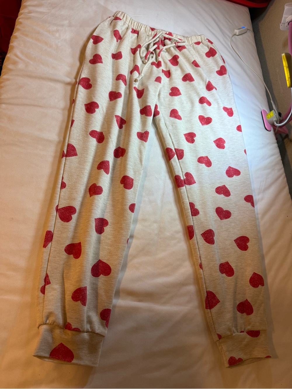 First Love Cream Track Joggers with Red Heart Print